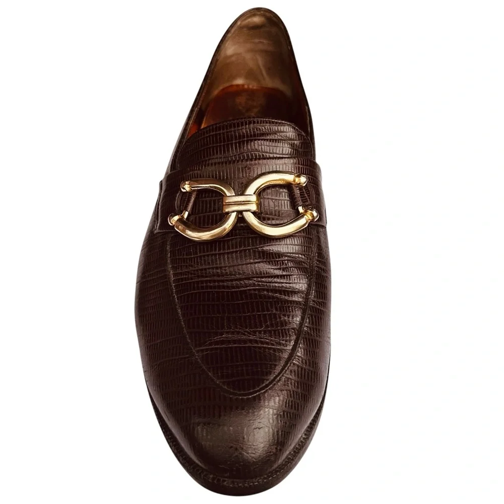 Robert Clergerie Brown Loafers Faux Lizard Skin Embossed Leather 6 1/2 M Vintage